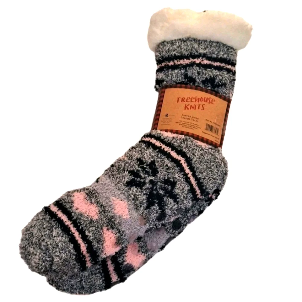 Treehouse Knits Sherpa Lined Slipper Socks NWT Gray Pink White Snowflake Heart